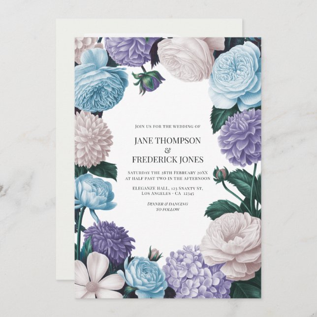 Indigo Petal, Blue Hydrangea & Frost Pearl Wedding Invitation (Front/Back)