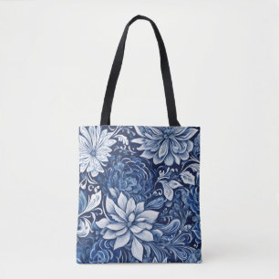 indigo petal tapestry tote bag