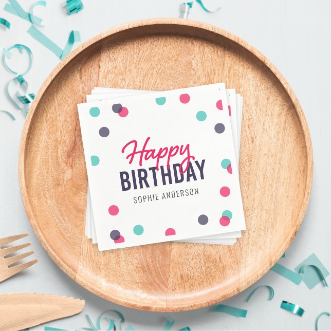 Indigo Pink Teal Confetti Happy Birthday Napkin (Creator Uploaded)
