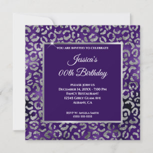 Indigo Purple and Silver Leopard Foil Birthday Invitation