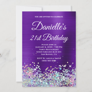 Indigo Purple Foil Holo Glitter 21st Birthday Invitation