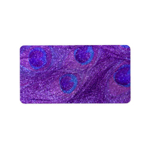 indigo purple glitter peacock feathers label