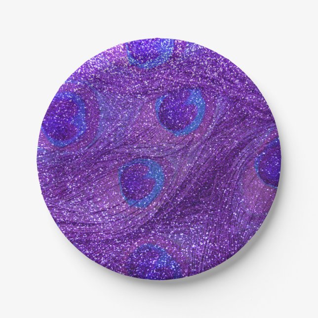 indigo purple glitter peacock feathers paper plate (Front)