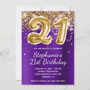 Indigo Purple Gold Glitter Balloon 21st Birthday Invitation