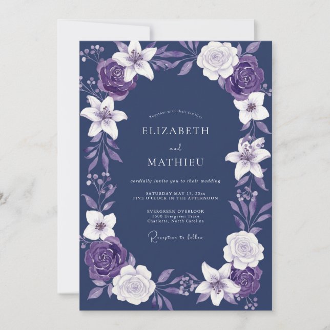 Indigo Purple Lily Wedding Invitation (Front)