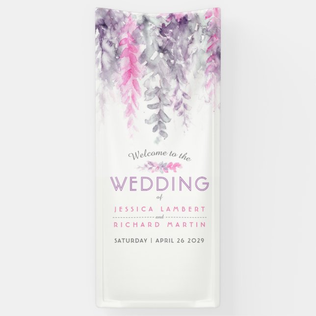 Indigo purple, pink vine art wedding welcome banner (Vertical)