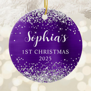 Indigo Purple Silver Glitter 1st Christmas Photo Ceramic Tree Decoration