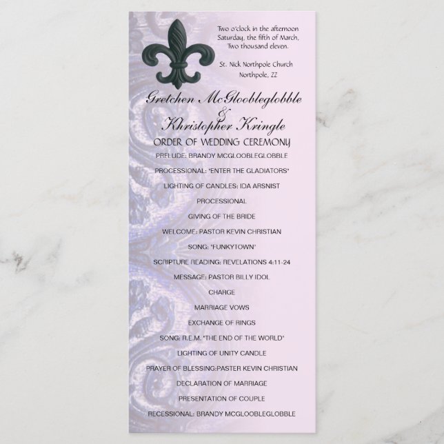 indigo/rose "iron fleur de lis" WEDDING PROGRAM Programme (Front)