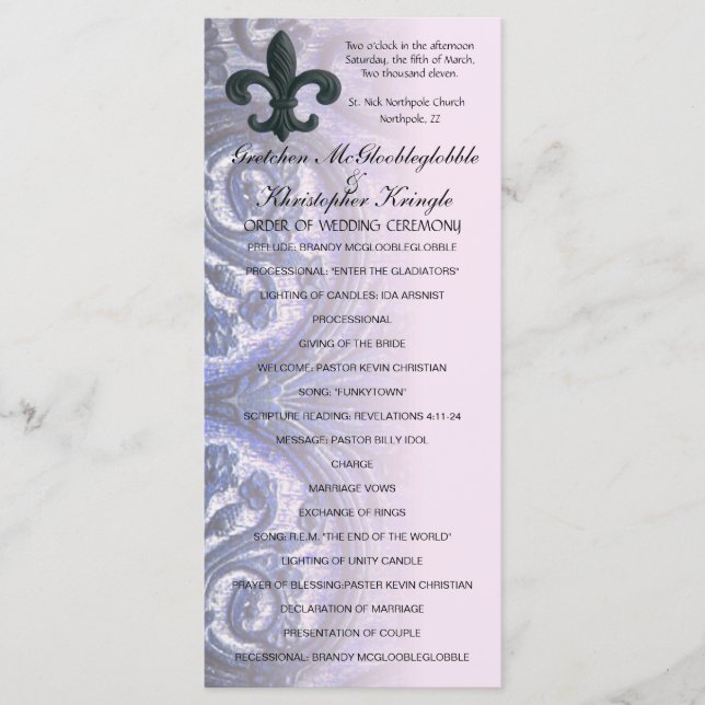 indigo/rose "iron fleur de lis" WEDDING PROGRAM Programme (Front)