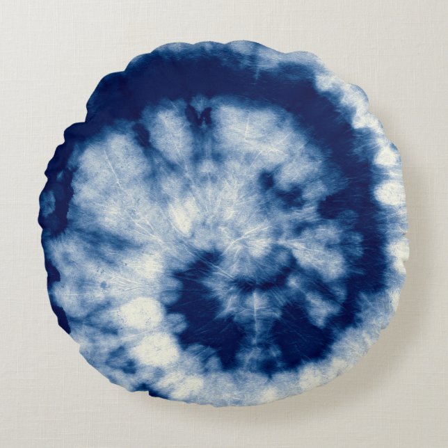 Indigo Round. Bohemian Tie Dye. Blue Roll Psychede Round Cushion (Front)