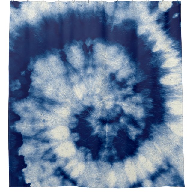 Indigo Round. Bohemian Tie Dye. Blue Roll Psychede Shower Curtain (Front)