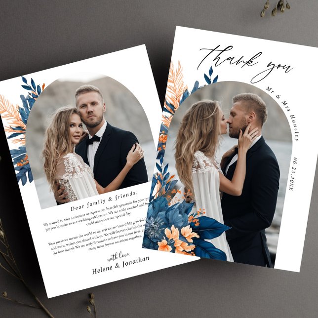 Indigo Rust Floral Wedding Photo Thank You Card (Indigo Rust Floral Wedding Photo Thank You Card)