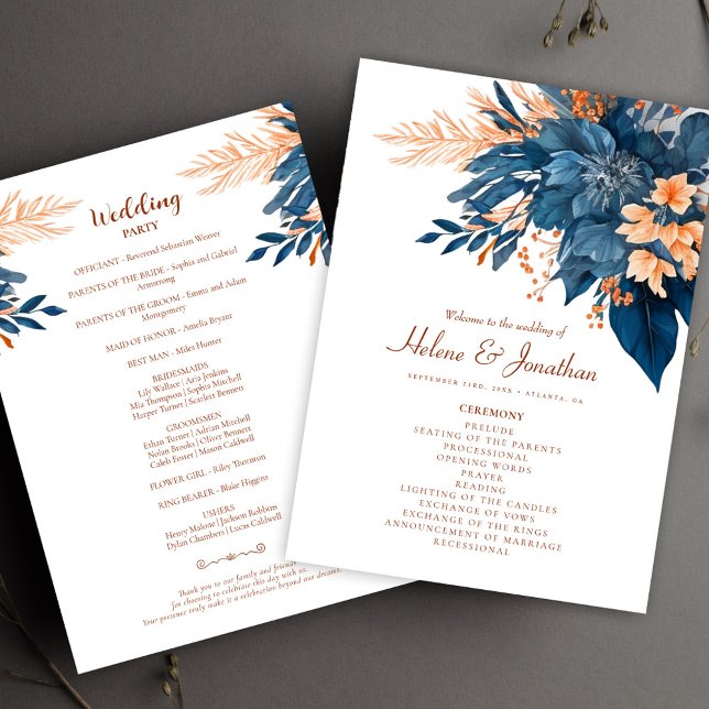 Indigo Rust Modern Floral Boho Elegant Wedding Programme (Indigo Rust Modern Floral Boho Elegant Wedding Program)
