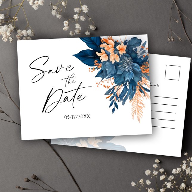 Indigo Rust Modern Floral Wedding Save The Date Announcement Postcard (Indigo Rust Modern Floral Wedding Save The Date Announcement Postcard)