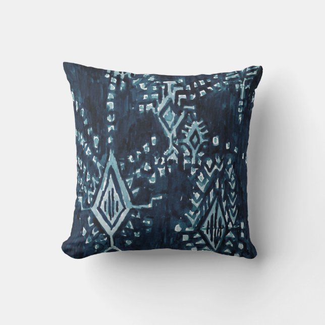 Indigo Satellite Ikat Tribal Watercolor Cushion (Front)
