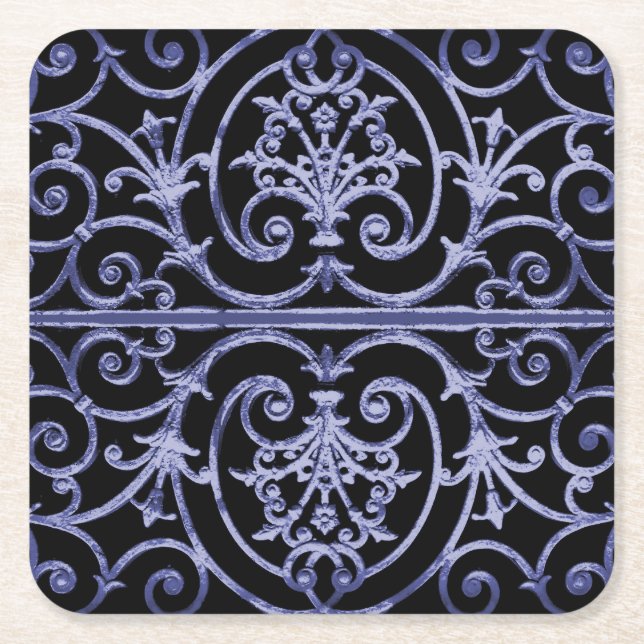 Indigo scrollwork pattern square paper coaster (Front)