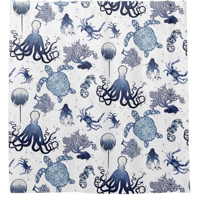 Indigo Shibori Beach Octopus Sea Turtle Seahorse Shower Curtain (Front)
