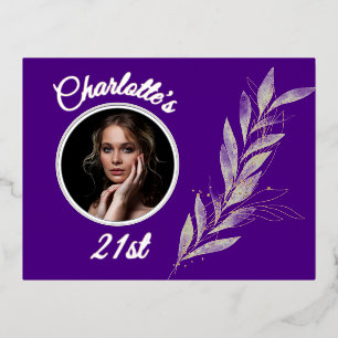 Indigo Silver & Gold Watercolor Leaf Birthday Foil Invitation Postcard