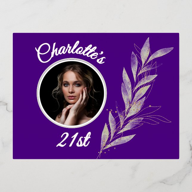 Indigo Silver & Gold Watercolor Leaf Birthday Foil Invitation Postcard (Front)