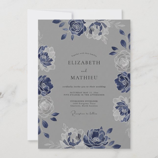 Indigo Slate Botanical Watercolor Wedding Invitation (Front)