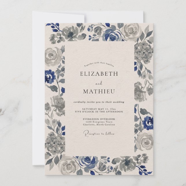 Indigo Slate Rose Wedding Invitation (Front)