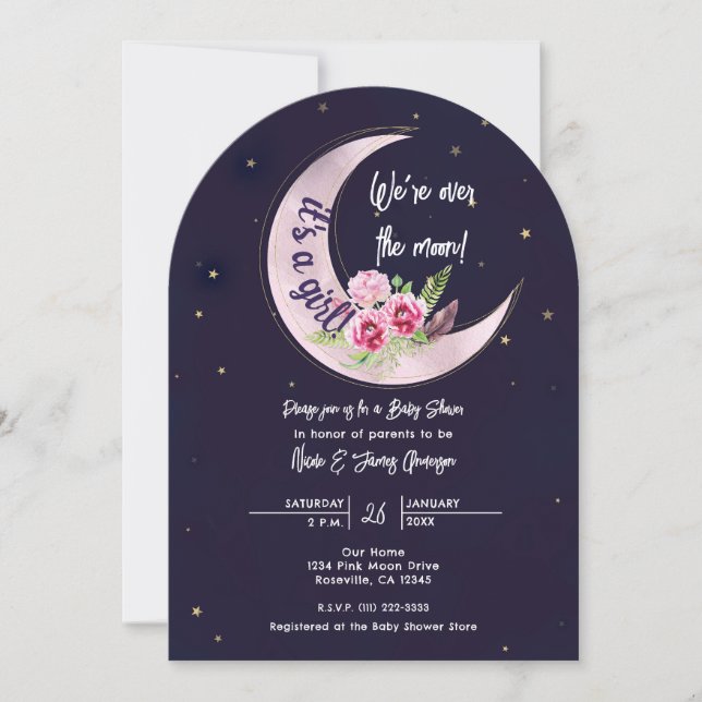 Indigo Star Fall Pink Floral Moon Baby Shower Invitation (Front)
