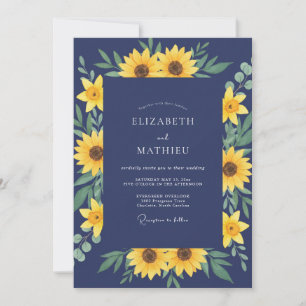 Indigo Sunflower Eucalyptus Wedding Invitation