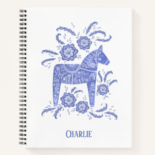 Indigo Swedish Dala Horse Custom Name Notebook