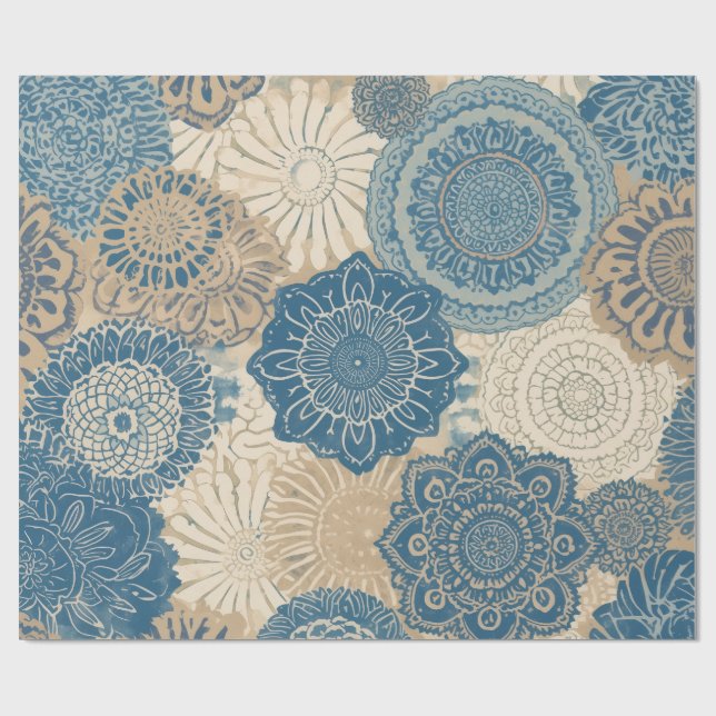 Indigo Tan Boho Floral Wrapping Paper (Flat)