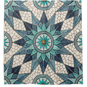Indigo Teal Compass Mosaic – Stained Glass Shower Curtain