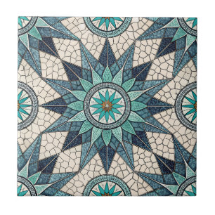 Indigo Teal Compass Mosaic – Stained Glass Tile