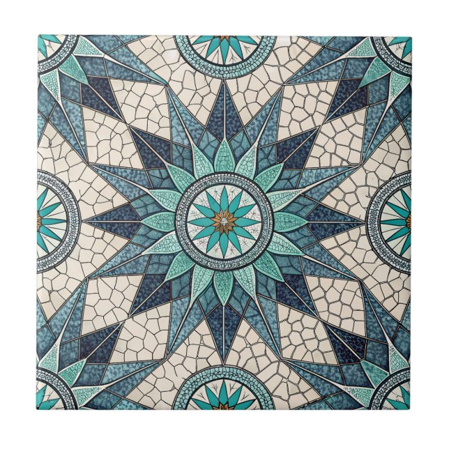 Indigo Teal Compass Mosaic – Stained Glass Tile (Front)
