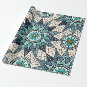 Indigo Teal Compass Mosaic – Stained Glass Wrapping Paper