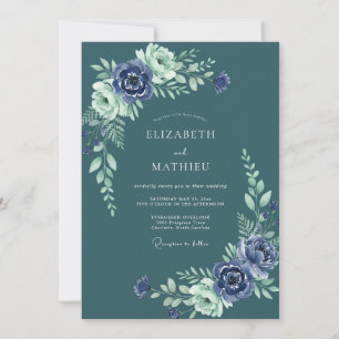 Indigo Teal Floral Watercolor Wedding Invitation