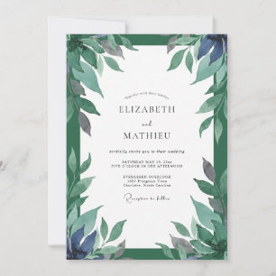 Indigo Teal Foliage Dusty Eucalyptus Wedding Invitation