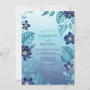 Indigo Tropical Monstera Eucalyptus Wedding Invitation