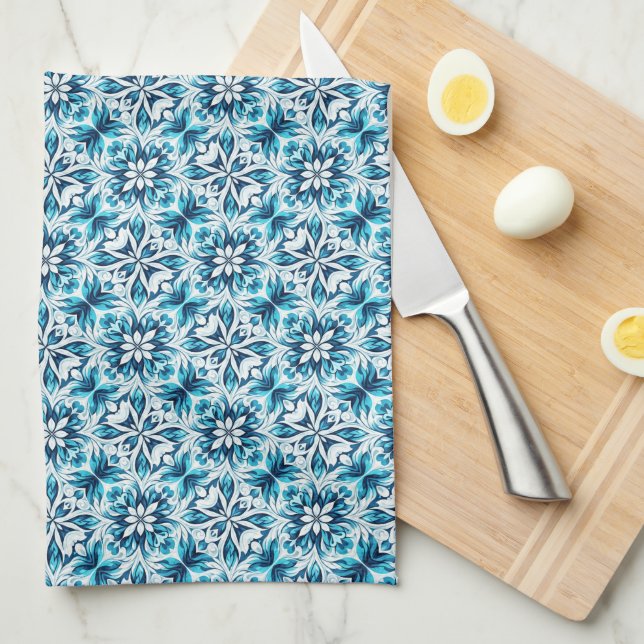Indigo, Turquoise, Sky Blue & White Damask Floral  Tea Towel (Quarter Fold)