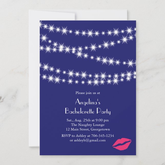Indigo Twinkle Lights Bachelorette Party Invitation (Front)