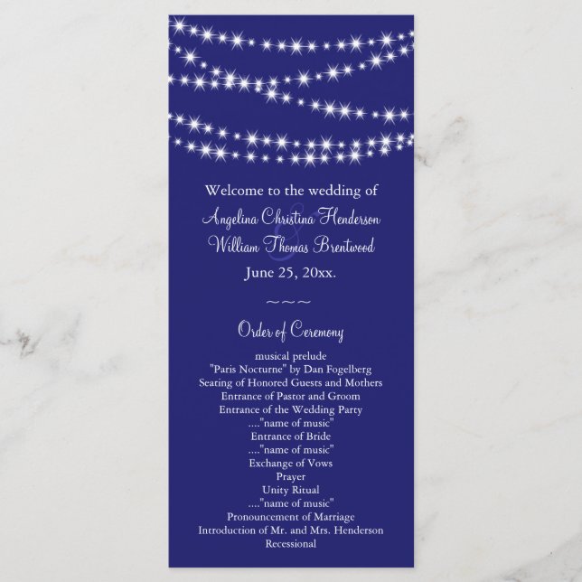 Indigo Twinkle Lights Wedding Program Programme (Front)