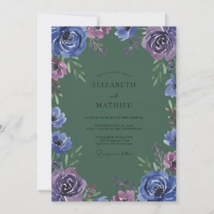 Indigo Violet Ranunculus Eucalyptus Wedding Invitation