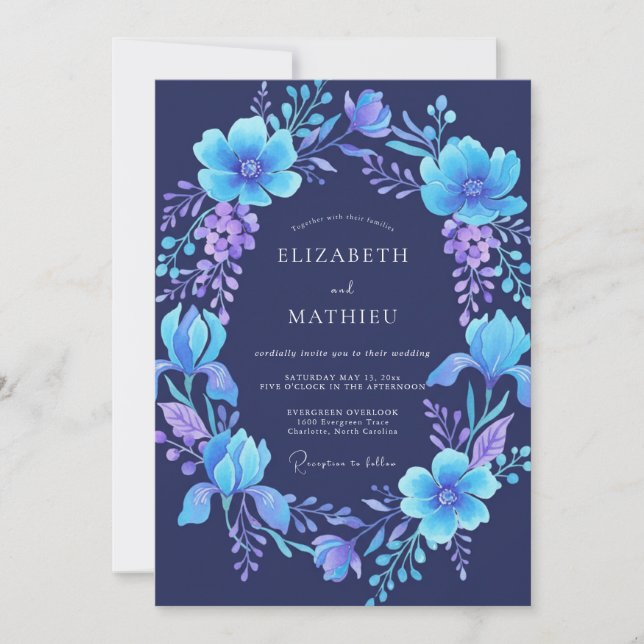 Indigo Violet Wreath Wedding Invitation (Front)