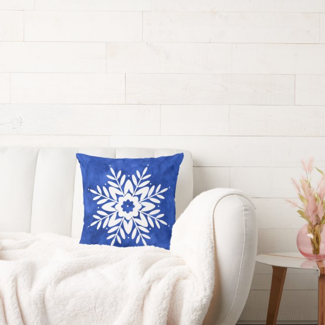 Indigo Watercolor Abstract Snowflake Cushion (Couch)
