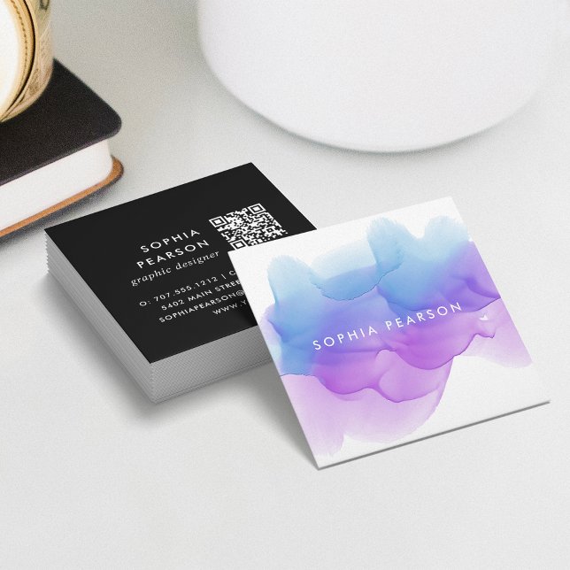 Indigo Watercolor Blot QR Code Square Business Card (Creator Uploaded)