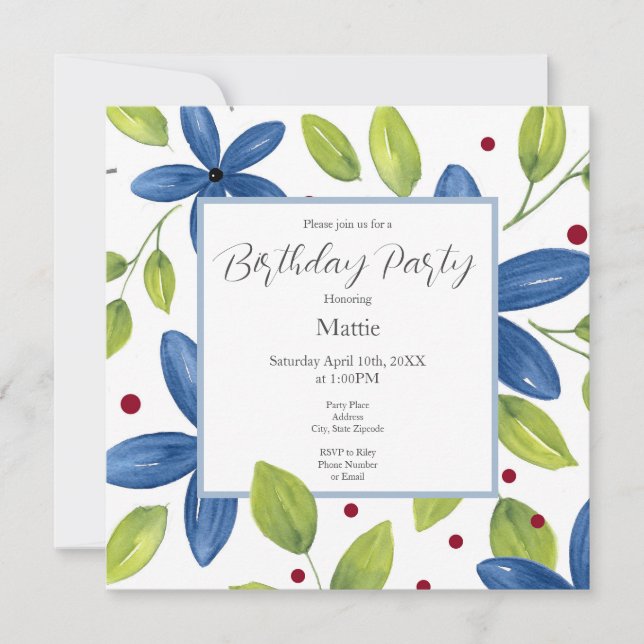 Indigo Watercolor Floral Bouquet Invitation (Front)