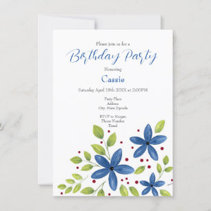 Indigo Watercolor Floral Bouquet Invitation