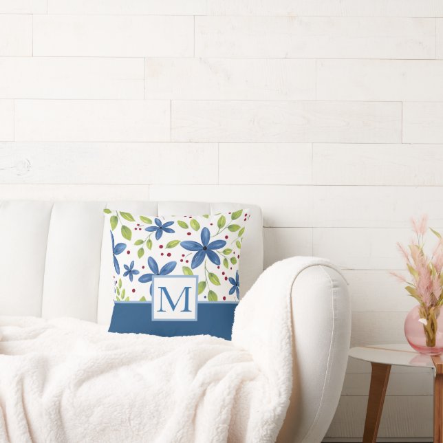 Indigo Watercolor Floral Bouquet Pattern Cushion (Couch)