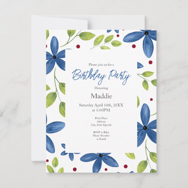 Indigo Watercolor Floral Bouquet Pattern  Invitation (Front)