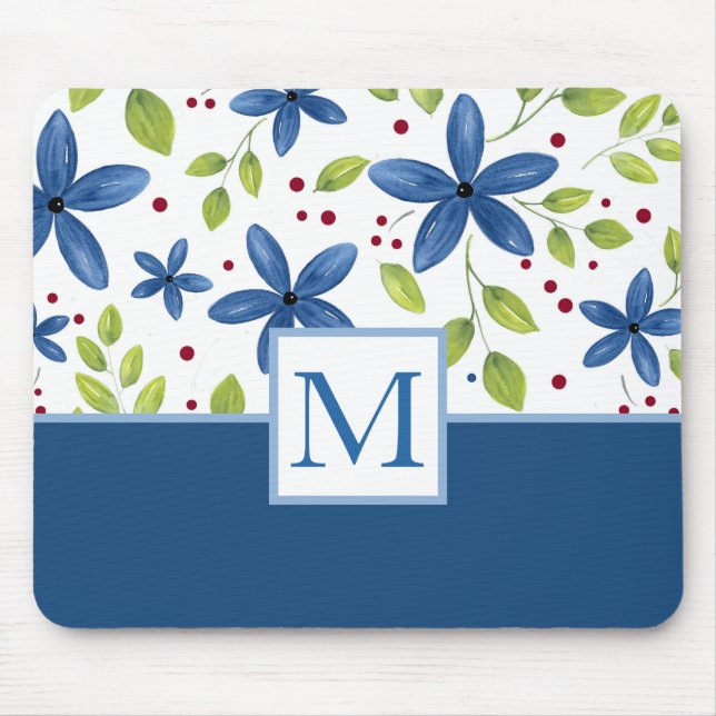 Indigo Watercolor Floral Bouquet Pattern Mouse Mat (Front)