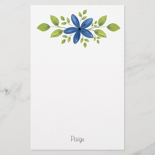 Indigo Watercolor Floral Swag 2 Stationery (Front)