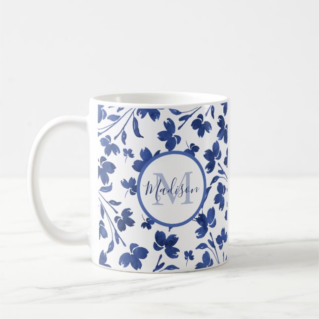 Indigo Watercolor Flower Stems Coffee Mug (Left)